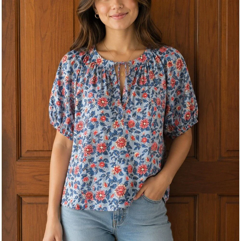 LOFT  Women's Floral Peasant Blouse Blue Pink Puff Sleeve Tie Neck Boho Top S